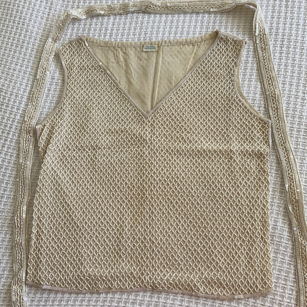 Sleeveless silk top w/bugle beads and sequins
